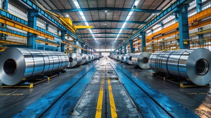 Obraz premium Modern industrial factory with rows of rolled steel coils ready for production showcasing industrial manufacturing and heavy machinery.