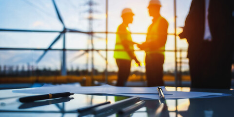 Blurred silhouette of construction workers discussing plans against sunset backdrop