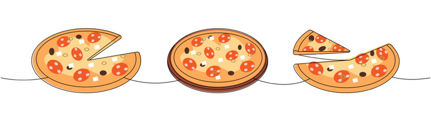 Fresh pizza one line colored continuous drawing. Traditional italian fast food continuous one line illustration.