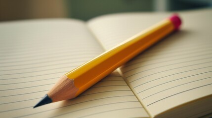 Yellow pencil resting on an open lined notebook.
