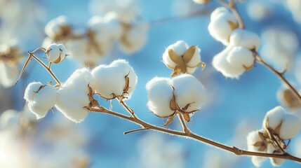 Cotton plant with fluffy white bolls against a blue sky.