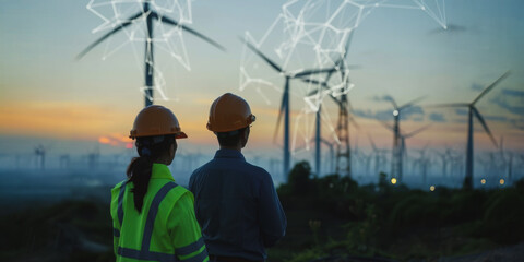Wind turbine technicians survey a field of renewable energy at sunset