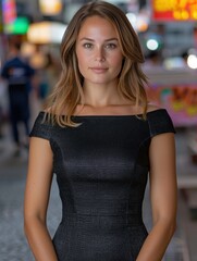 Confident young woman in black dress posing on city street