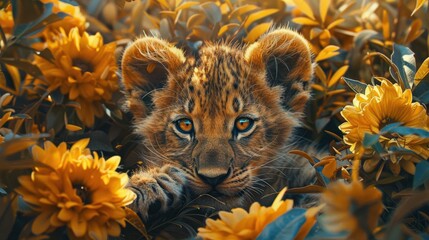 Bring to life a whimsical scene of a cub as the main focus, blending realistic textures with a surrealistic twist in a colorful, eye-catching composition