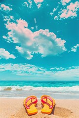 Obraz premium Beach flip-flops on the sand against sea and sky background