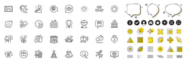 Set of Creative idea, Puzzle time and Heart line icons for web app. Design elements, Social media icons. Ice cream, Fireworks, Secret gift icons. Fish grill, Puzzle, Air balloon signs. Vector