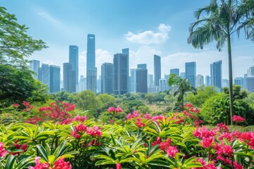 Fototapeta premium A breathtaking view of a modern city skyline with lush greenery and flowers in the foreground