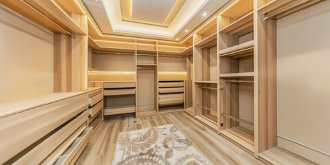 Fototapeta premium Modern walk-in closet with wood shelving and drawers