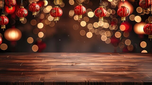 Chinese New Year themed background with wooden table and red lanterns Display mock up for design and product