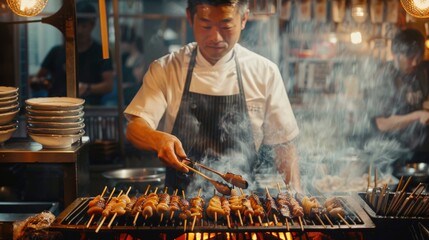 Fototapeta premium A man is cooking food on a grill with a lot of smoke. The man is wearing a black hat and apron. The atmosphere is busy and bustling, with several other people around the area
