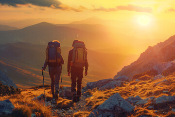 Obraz premium Mountain travel hike people adventure man summer journey tourism group sunset trekking. Hike travel woman mountain walk active backpack nature together sport young trail outdoor tourist hiker person
