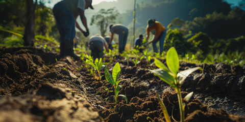 Volunteers planting seedlings in a reforestation project