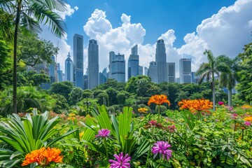 A breathtaking view of a modern city skyline with lush greenery and flowers in the foreground