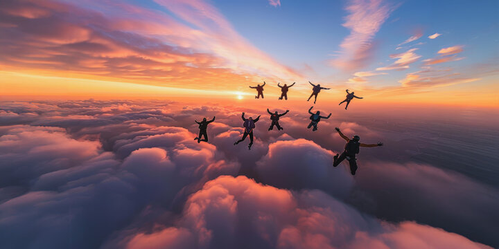 Skydivers form formation above clouds at sunset
