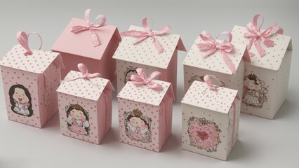 Cute gift boxes with polka dots, whimsical characters, high contrast background.