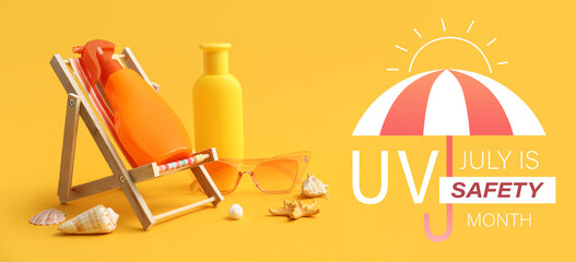 Deckchair, bottles of sunscreen cream, seashells and glasses on color background