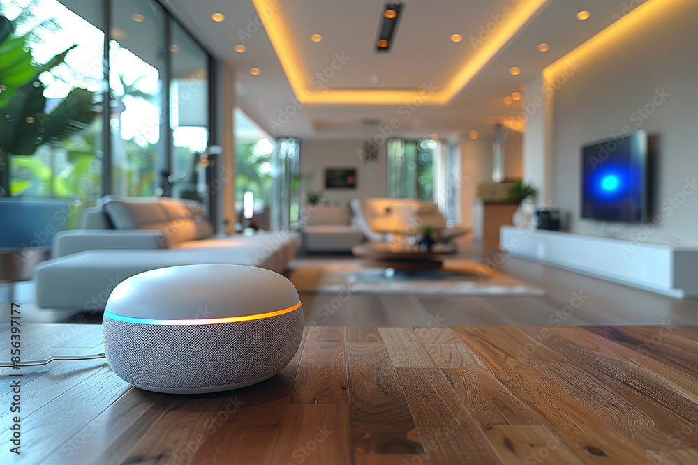 Poster a smart home hub controlling various devices with voice commands. concept of home automation technol
