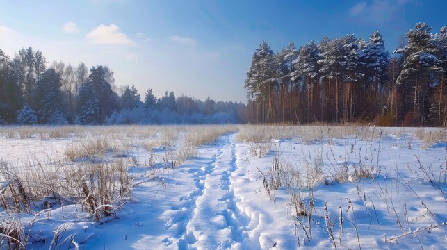 A trampled path leads from the snowy lawn to the dense forest on a beautiful winter day