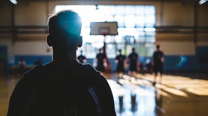 The blurry outline of a coach barking instructions to their team in preparation for a game.