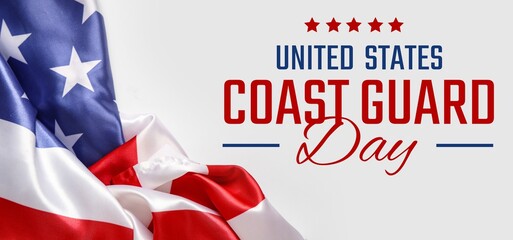 Flag of USA and text UNITED STATES COAST GUARD DAY on light background