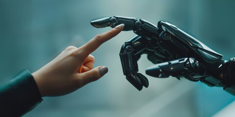 Human fingertip lightly touches robotic hand in close-up