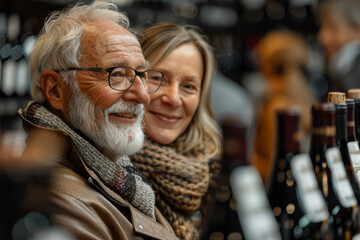 Obraz premium A senior couple attending a wine tasting event, enjoying refined leisure. Concept of socializing and cultural experiences. Generative Ai.