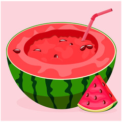 Watermelon with straw for juice on pink background