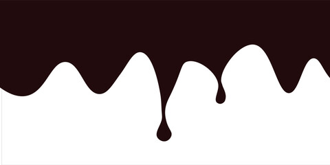 Liquid chocolate dripping down the edge. Sweet ganache, sauce, icing. Vector 3d realistic image isolated on a white transparent background.