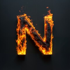 Fire letter N on black background, flames