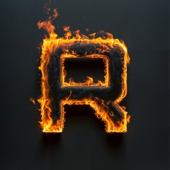 Fire letter R on black background, flames