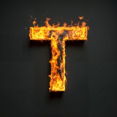 Fire letter T on black background, flames
