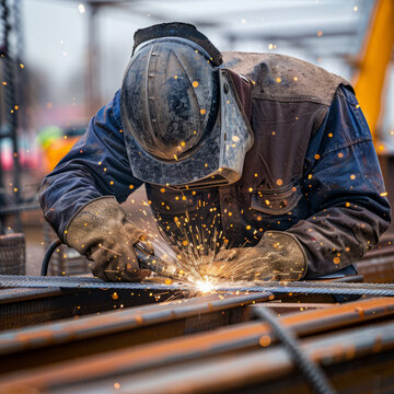 A welder working welding in a construction of a building