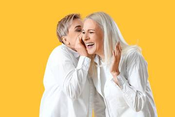 Gossiping mature women on yellow background