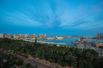 Obraz premium Malaga Port at dusk in May, Andalusia, Spain