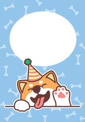 Cute shiba inu dog with party hat waving paw cartoon greeting card, vector illustration