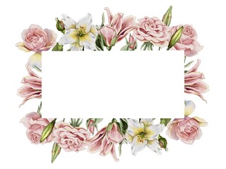 Flowers pink roses and lillies rectangular frame watercolor illustration on white background. For birthday, wedding, party, postcard, printing packaging cosmetic, perfume, supply