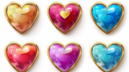 The cartoon and 3D realistic of the vector glossy Heart buttons with gold frames in different colors