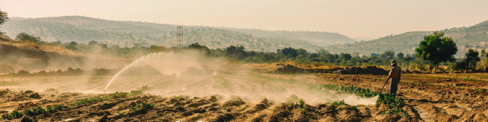 Fototapeta premium A farmer works in a field with an irrigation system, amidst a dusty landscape under the warm glow of a setting sun