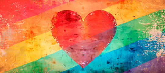 Fototapeta premium Heart pride rainbow lgbt flag gay month love graphic icon. Heart pride rainbow LGBTQ happy background day community art logo symbol lgbtqia post queer poster groovy slogan progress banner retro square