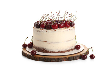 Wooden board with tasty cherry cake isolated on white background