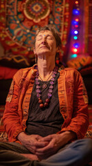 Obraz premium Woman sits cross-legged on a rug, meditating with her eyes closed. The room is warm and inviting with a colorful rug on the wall and string lights casting a soft glow