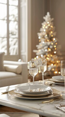 A close-up shot of a beautifully set table with two champagne glasses, plates, and gold cutlery, featuring a Christmas tree decorated with white lights in the background