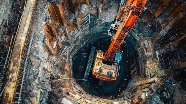 The image shows the construction of a large underground tunnel using a tunnel boring machine (TBM). The TBM is a massive machine that bores through the rock and soil to create the tunnel. The tunnel