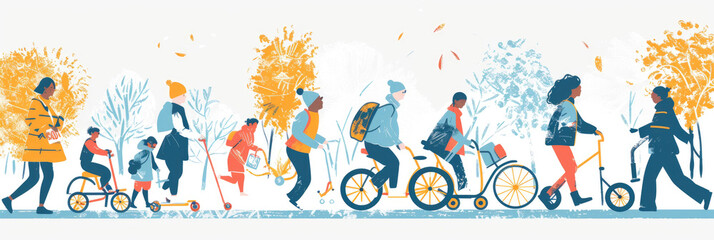 An illustration of a group of people enjoying a fall day in the park, riding bikes, scooters, and tricycles