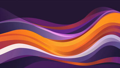 A dynamic abstract design featuring bold, wavy, overlapping lines in shades of purple, orange, and white against a dark background.