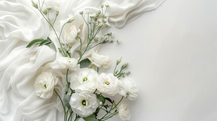 Fototapeta premium Wedding card mockup with white flower bouquet on white background for greetings and invitations