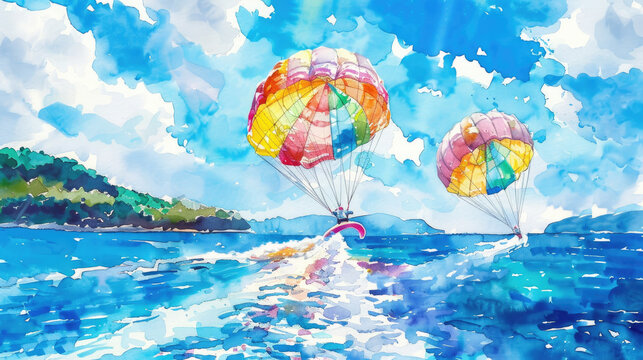 A watercolor painting depicting a parasailer flying over a tropical ocean, with a lush green island in the background