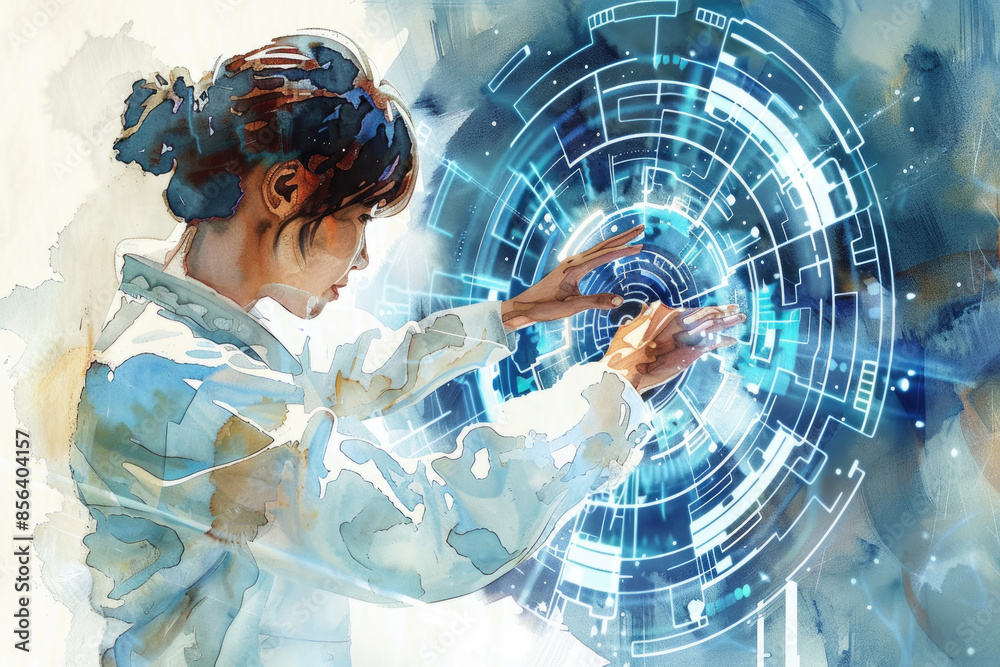 Wall mural A watercolor illustration depicting a woman reaching out towards a digital interface, showcasing the intersection of technology and art