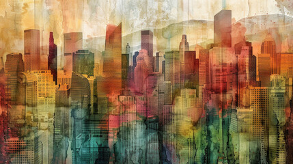 Fototapeta premium A vibrant watercolor cityscape with tall skyscrapers, a mountain range in the background, and a blend of warm and cool colors