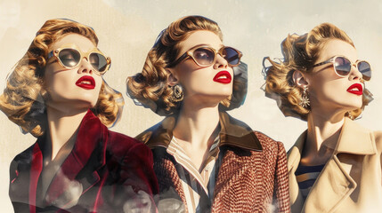 Obraz premium Three women, dressed in a vintage style, wear sunglasses and look up towards the sky during a photo shoot
